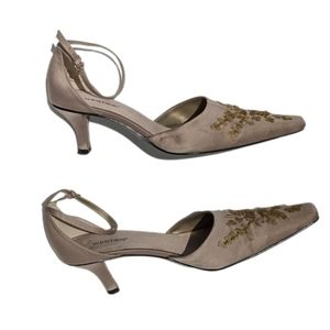 Nine West Westies Vintage Satin Taupe Beaded Evening Shoe - Size 9